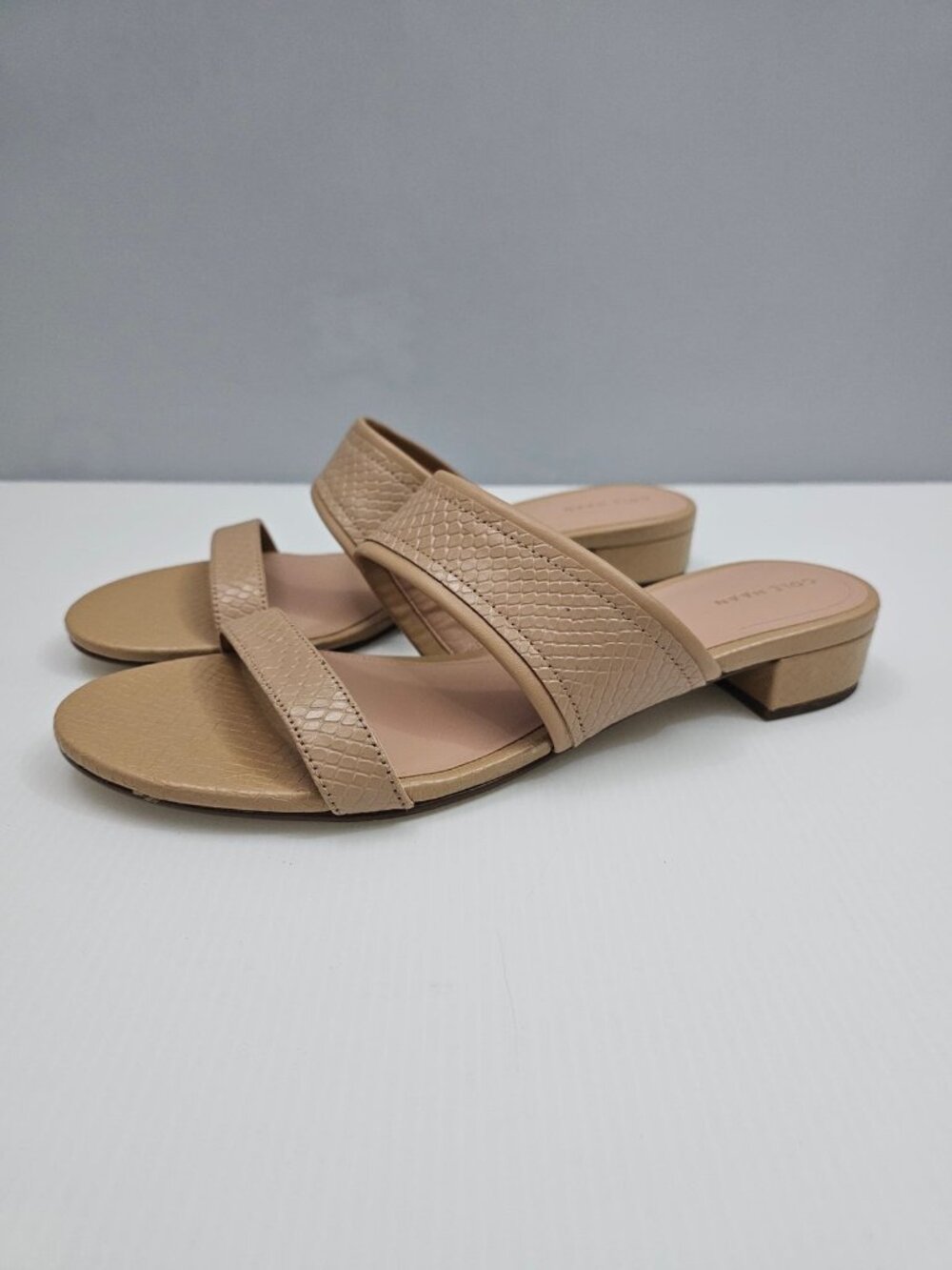 Cole Haan Fionna Wave Slide Sandal Women 8.5 Nude Leather Snake Print Block Heel
